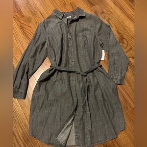 BNWT WOMENS XL SONOMA CHARCOAL 100%COTTON SHIRT DRESS WITH POCKETS AND TIE BELT